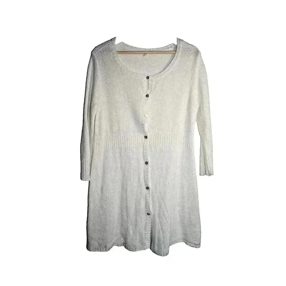 EILEEN FISHER Cotton Hemp White Vneck Cardigan M Cottage Core Pearl Button